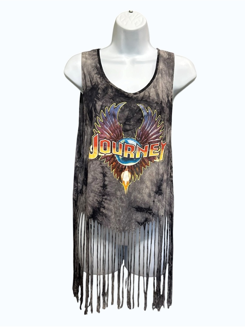 Journey Band Fringe Tank Top Graphic Tee Acid Wash Size L Rayon Boho Festival